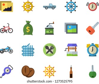 Color flat icon set spring balance flat vector, coffee grinder, sauce, beans, well, pickup truck, fabric manufacture, wealth, motorcycle fector, bicycle, table setting, steering wheel, gallery, key