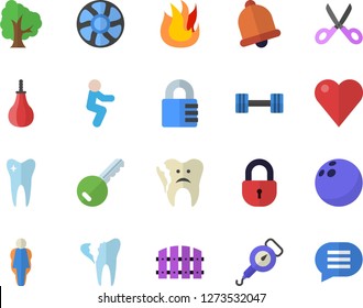 Color flat icon set spring balance flat vector, scissors, fire, tree, fence, ventilation, heart, tooth, broken, dumbbell, bowling ball, sports pear, squats, size, key fector, bell, lock, chat