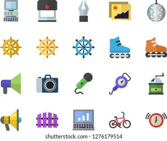 Color flat icon set spring balance flat vector, coffee grinder, fence, ink pen, computer, roller Skates, bicycle fector, disco ball, camera, steering wheel, gallery, stamp, mouthpiece, microphone