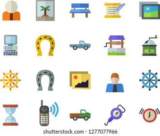 Color flat icon set spring balance flat vector, coffee grinder, well, pickup truck, horseshoe, bench, person, phone call, computer, hostory roll, photo fector, steering wheel, gallery, hourglass
