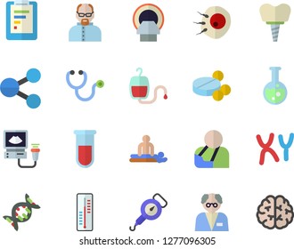 Color flat icon set spring balance flat vector, thermometer, graphic report, molecules, pills, blood transfusion, test, stethoscope, massage, injury, ultrasound, tomograph, chromosomes, implant, dna