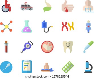 Color flat icon set spring balance flat vector, graphic report, pill packaging, medical warmer, pipette, blood test, disabled, massage, injury, ambulance, diagnostics, embryo, gestation, chromosomes