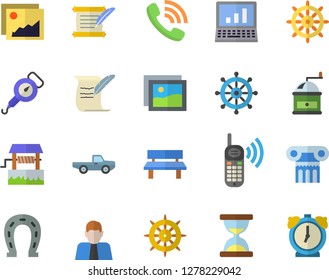 Color flat icon set spring balance flat vector, coffee grinder, well, pickup truck, horseshoe, bench, person, phone call, computer, hostory roll, antique column fector, steering wheel, gallery