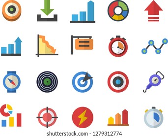 Color flat icon set spring balance flat vector, signboard, crisis, chart, statistics, scatter, clircle diagram, target, lightning, achievement, stopwatch, compass fector, download, upload