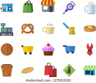 Color flat icon set spring balance flat vector, turk, coffee machine, biscuit, pancakes, bagel, cake, bread, store front, grocery trolley, bags, cash, swimsuit, pets allowed fector, shop
