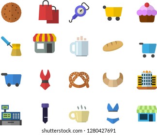 Color flat icon set spring balance flat vector, turk, biscuit, bagel, croissant, cake, bread, store front, grocery trolley, bags, cash machine, coffee, tie, swimsuit, hotel fector, shop