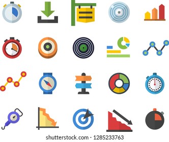 Color flat icon set spring balance flat vector, signboard, crisis, statistics, scatter chart, clircle diagram, target, achievement, stopwatch, pointer fector, compass, download