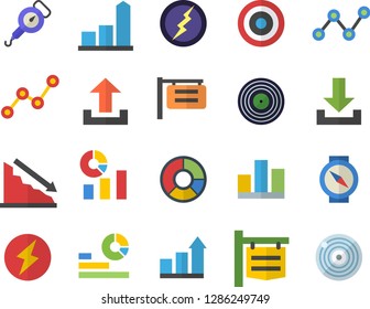 Color flat icon set spring balance flat vector, signboard, crisis, chart, statistics, scatter, statistic, clircle diagram, lightning, achievement, target, compass fector, download, upload