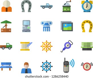 Color flat icon set spring balance flat vector, coffee grinder, well, pickup truck, horseshoe, bench, person, phone call, computer, hostory roll, antique column fector, steering wheel, gallery