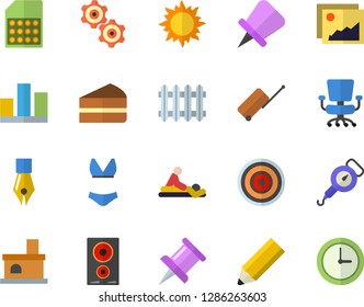 Color flat icon set spring balance flat vector, induction cooker, piece of cake, sun, fireplace, SIM card, radiator, massage, drawing pin, statistic, ink pen, office chair, pencil, cogwheel, gallery