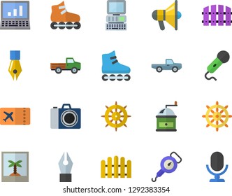Color flat icon set spring balance flat vector, coffee grinder, pickup truck, fence, ink pen, computer, roller Skates, ticket fector, camera, photo, steering wheel, mouthpiece, microphone