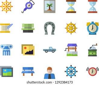 Color flat icon set spring balance flat vector, coffee grinder, well, pickup truck, horseshoe, bench, person, hostory roll, antique column fector, photo, steering wheel, gallery, hourglass