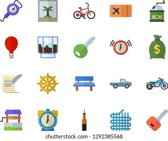Color flat icon set spring balance flat vector, coffee grinder, sauce, whiskey, well, pickup truck, bench, fabric manufacture, wealth, hostory roll, motorcycle fector, bicycle, balloon, ticket, key