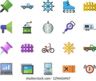 Color flat icon set spring balance flat vector, coffee grinder, pickup truck, fence, drawing pin, computer, roller Skates, trailer fector, bicycle, ticket, disco ball, steering wheel, gallery