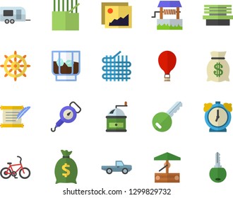 Color flat icon set spring balance flat vector, coffee grinder, whiskey, well, pickup truck, bench, fabric manufacture, wealth, hostory roll, trailer fector, bicycle, balloon, key, steering wheel