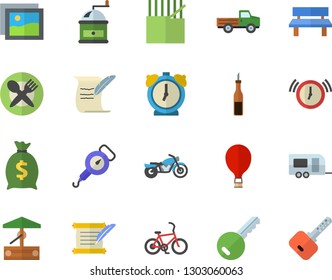 Color flat icon set spring balance flat vector, coffee grinder, sauce, well, pickup truck, bench, fabric manufacture, wealth, hostory roll, trailer fector, motorcycle, bicycle, balloon, key, gallery