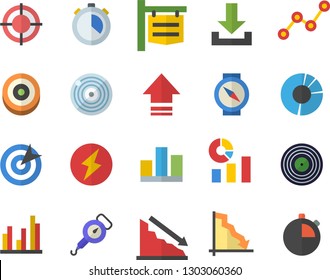 Color flat icon set spring balance flat vector, signboard, crisis, statistics, scatter chart, statistic, clircle diagram, target, lightning, compass, download, upload, stopwatch