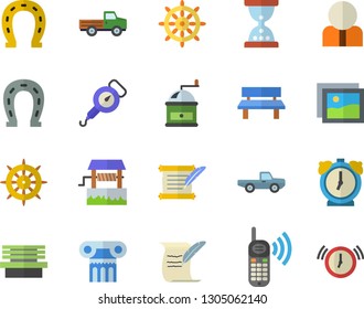 Color flat icon set spring balance flat vector, coffee grinder, well, pickup truck, horseshoe, bench, person, phone call, hostory roll, antique column fector, steering wheel, gallery, hourglass