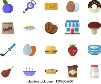 Color flat icon set spring balance flat vector, ladle, egg, plates, ham, cheese, spaghetti, hamburger, hot dog, donut, soup, coffee beans, coffe, Strawberry, plum, mushroom, seeds, store front