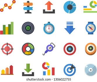 Color flat icon set spring balance flat vector, chart, statistics, scatter, clircle diagram, target, achievement, stopwatch, pointer fector, compass, download, upload