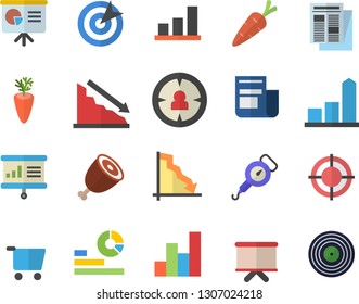 Color flat icon set spring balance flat vector, ham, carrot, grocery trolley, target audience, crisis, chart, statistics, flipchart, news, presentaition board