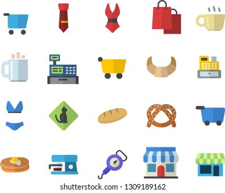 Color flat icon set spring balance flat vector, coffee machine, pancakes, bagel, croissant, bread, store front, grocery trolley, bags, cash, tie, swimsuit, pets allowed vector, shop