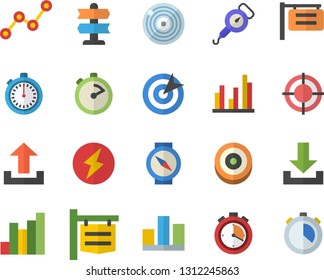 Color flat icon set spring balance flat vector, stopwatch, signboard, chart, scatter, statistic, target, lightning, pointer fector, compass, download, upload