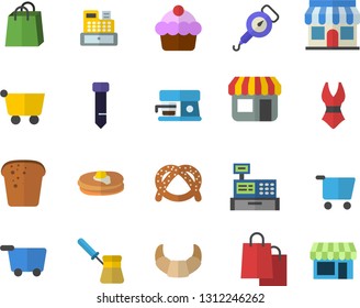 Color flat icon set spring balance flat vector, turk, coffee machine, pancakes, bagel, croissant, cake, bread, store front, grocery trolley, bags, cash, tie, swimsuit, fector, shop