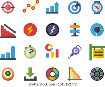 Color flat icon set spring balance flat vector, stopwatch, signboard, crisis, chart, statistics, scatter, clircle diagram, target, lightning, achievement, pointer fector, compass, download