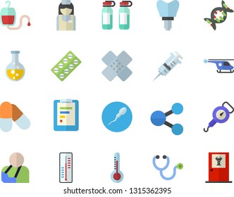 Color flat icon set spring balance flat vector, thermometer, chemistry, graphic report, molecules, pill packaging, blood transfusion, syringe, stethoscope, injury, patch, ampoule, helicopter, nurse