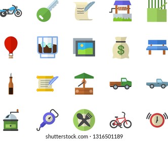 Color flat icon set spring balance flat vector, coffee grinder, sauce, whiskey, well, pickup truck, bench, fabric manufacture, wealth, hostory roll, motorcycle fector, bicycle, balloon, key, gallery