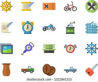 Color flat icon set spring balance flat vector, coffee grinder, jugful, beans, pickup truck, bench, fabric manufacture, hostory roll, motorcycle fector, bicycle, ticket, table setting, gallery, key