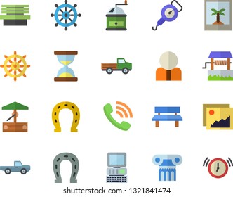 Color flat icon set spring balance flat vector, coffee grinder, well, pickup truck, horseshoe, bench, person, phone call, computer, antique column fector, photo, steering wheel, gallery, hourglass