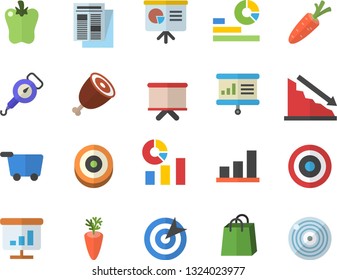 Color flat icon set spring balance flat vector, ham, carrot, bell pepper, crisis, statistics, flipchart, bags, news, chart, target, presentaition board, grocery trolley fector