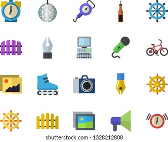 Color flat icon set spring balance flat vector, sauce, fence, ink pen, computer, roller Skates, bicycle fector, disco ball, camera, steering wheel, gallery, mouthpiece, microphone, alarm clock
