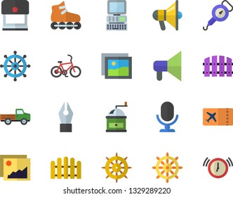 Color flat icon set spring balance flat vector, coffee grinder, pickup truck, fence, ink pen, computer, roller Skates, bicycle fector, ticket, steering wheel, gallery, stamp, mouthpiece, microphone