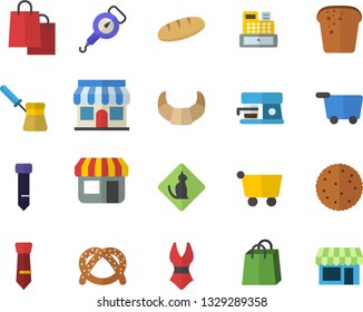 Color flat icon set spring balance flat vector, turk, coffee machine, biscuit, bagel, croissant, bread, store front, grocery trolley, bags, cash, tie, swimsuit, pets allowed fector, shop