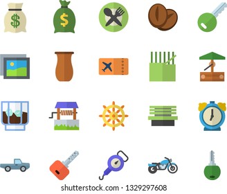 Color flat icon set spring balance flat vector, jugful, coffee beans, whiskey, well, pickup truck, bench, fabric manufacture, wealth, motorcycle fector, ticket, table setting, key, steering wheel