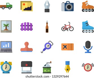 Color flat icon set spring balance flat vector, coffee grinder, sauce, pickup truck, fence, ink pen, computer, roller Skates, bicycle fector, ticket, camera, photo, gallery, stamp, microphone