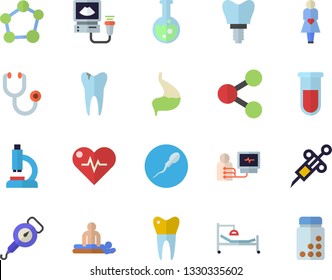 Color flat icon set spring balance flat vector, molecules, blood test, syringe, stethoscope, microscope, hospital bed, massage, diagnostics, ultrasound, gestation, sperm, caries, dental crowns