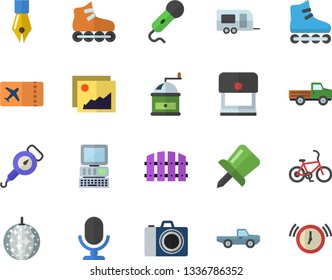 Color flat icon set spring balance flat vector, coffee grinder, pickup truck, fence, drawing pin, ink pen, computer, roller Skates, trailer fector, bicycle, ticket, disco ball, camera, gallery