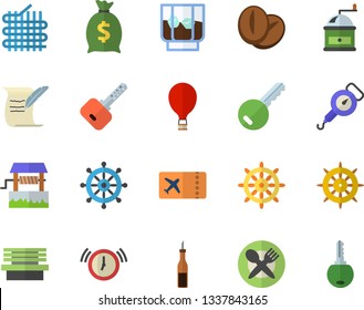 Color flat icon set spring balance flat vector, coffee grinder, sauce, beans, whiskey, well, bench, fabric manufacture, wealth, hostory roll, balloon fector, ticket, table setting, key, alarm clock