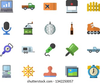 Color flat icon set spring balance flat vector, coffee grinder, sauce, pickup truck, fence, drawing pin, computer, roller Skates, trailer fector, ticket, disco ball, steering wheel, gallery, stamp