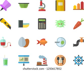 Color flat icon set stationery knife flat vector, colander, table setting, fish, egg, soda, carrot, main pipeline, factory, blood transfusion, virus, artificial insemination, microscope, notebook