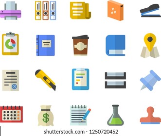 Color flat icon set stationery knife flat vector, groats, coffe, chemistry, location, graphic report, wealth, calendar, document, printer, paper tray, contract, book, stapler, notepad, textbook