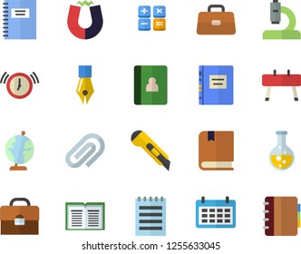 Color flat icon set stationery knife flat vector, chemistry, calendar, calculator, microscope, briefcase, clip, ink pen, notepad, globe, textbook, magnet, notebook, sports equipment horse, book
