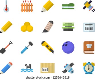 Color flat icon set stationery knife flat vector, meat hammer, cookbook, temperature, shovel, bench, radiator, barcode, pencil, stapler, satellit, bowling ball, pills, pool, alarm clock