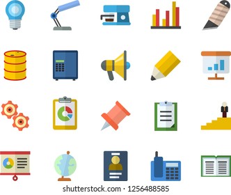 Color flat icon set stationery knife flat vector, coffee machine, oil tanks, lamp, graphic report, clipboard, chart, statistic, badge, telephone, reading, pencil, career ladder, globe, cogwheel