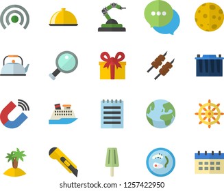 Color flat icon set stationery knife flat vector, teapot, dish, shashlik, ice cream, accumulator, magnet, robotics, present, chat, notepad, moon, magnifier, Petri, earth fector, island, cruise ship