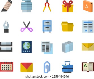 Color flat icon set stationery knife flat vector, scissors, groats, dividers, calendar, news, present, computer file, ink pen, sticker, paper tray, copy machine, archive, contract, mail, clip, book